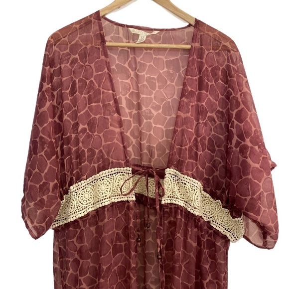 Quagga green label sheer maroon animal print tie front swim or beach coverup - Picture 3 of 4